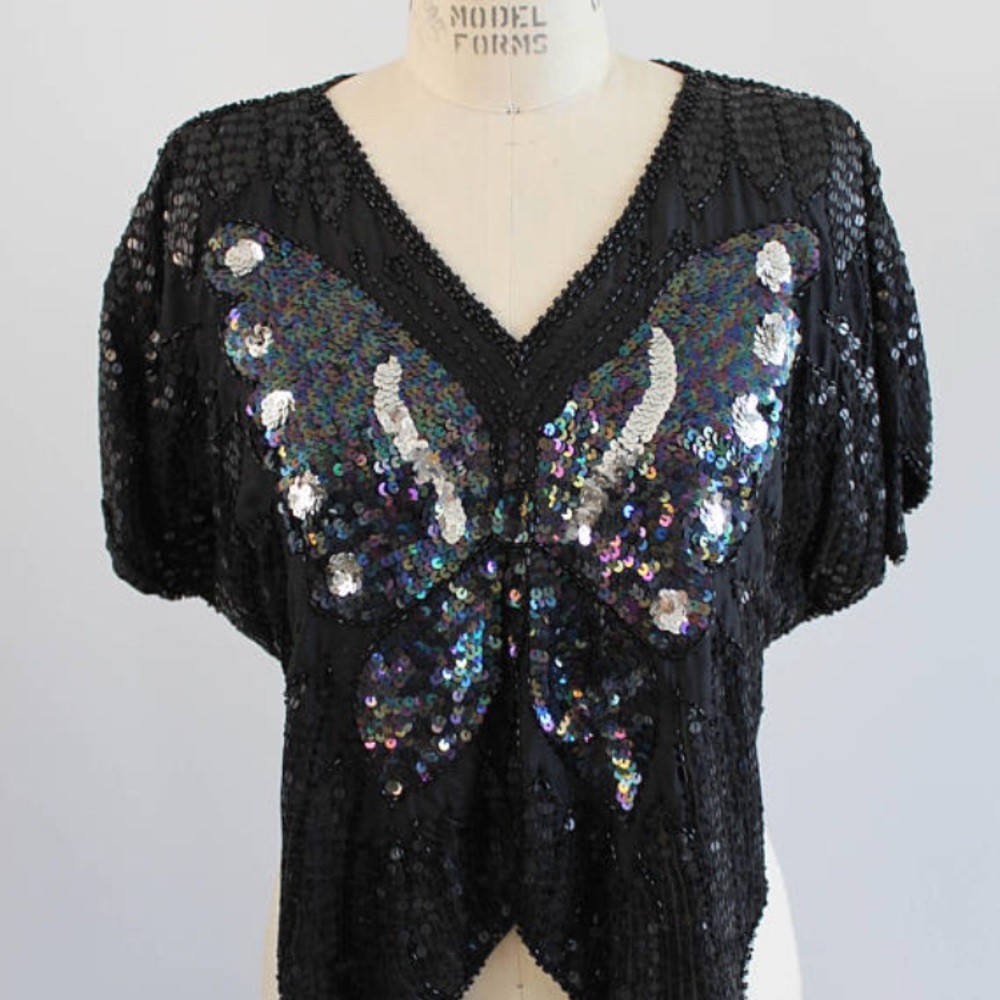 Vintage Black Sequin Butterfly Top Shirt